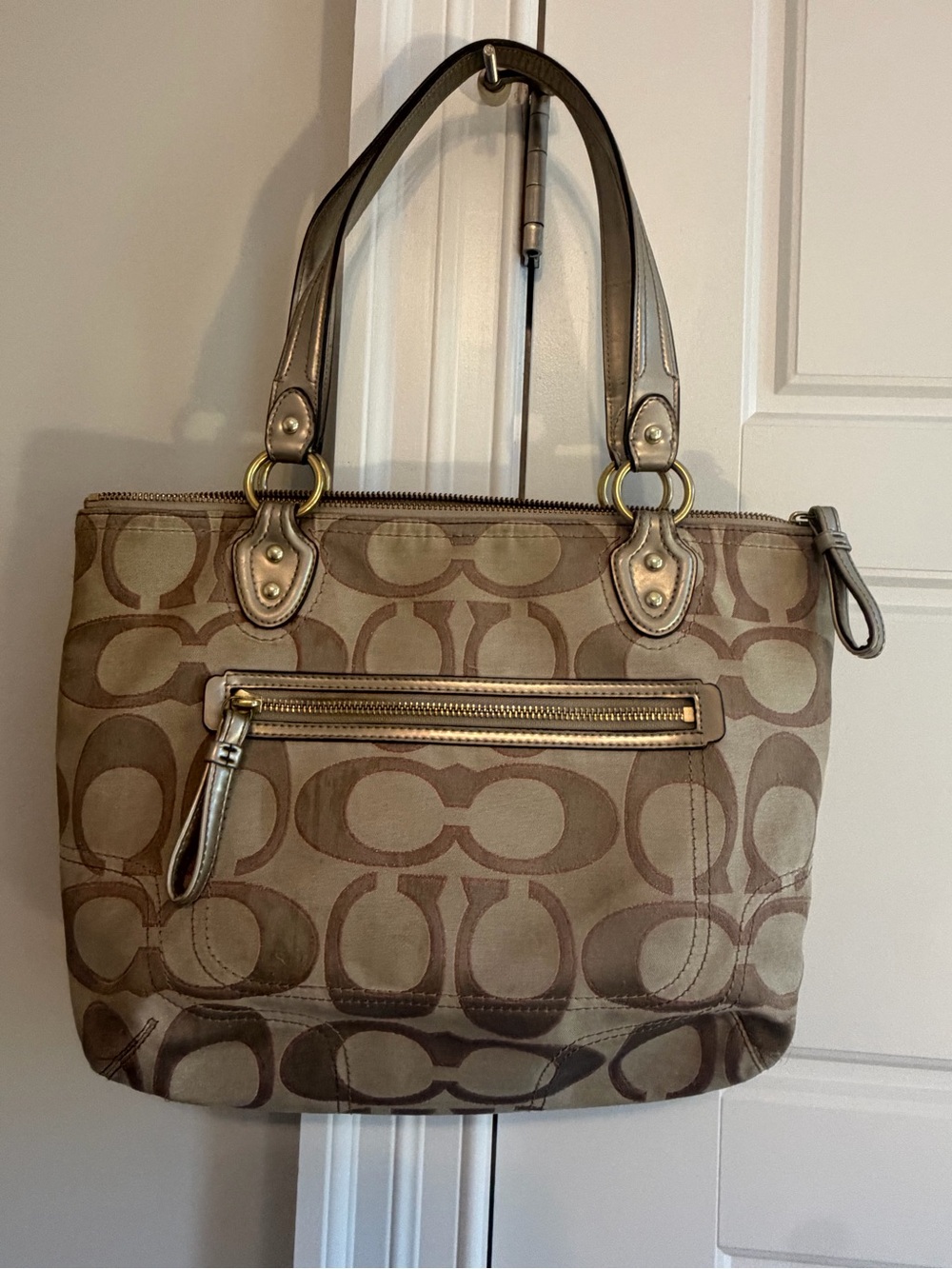 Coach Brown Signature Canvas Shoulder Bag with Metallic Trim